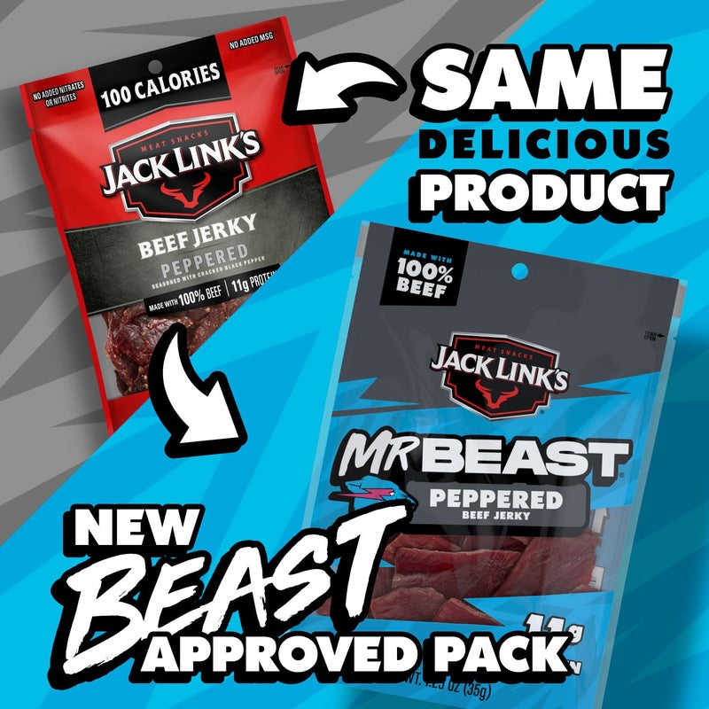 Jack Link's Jack Link’s x MrBeast Peppered Beef Jerky - 11g Protein per Serving, Made with 100% Real Beef, Pantry-Ready, Kids Snacks, Great Stocking Stuffers and Gifts, 10 Count of 1.25oz Bags - Image 2